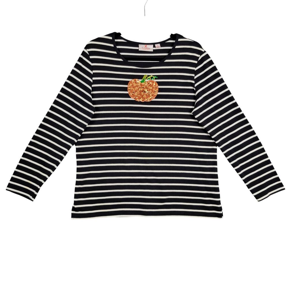 QUACKER FACTORY Black White Striped Sequin Halloween Pumpkin Top SIZE MEDIUM